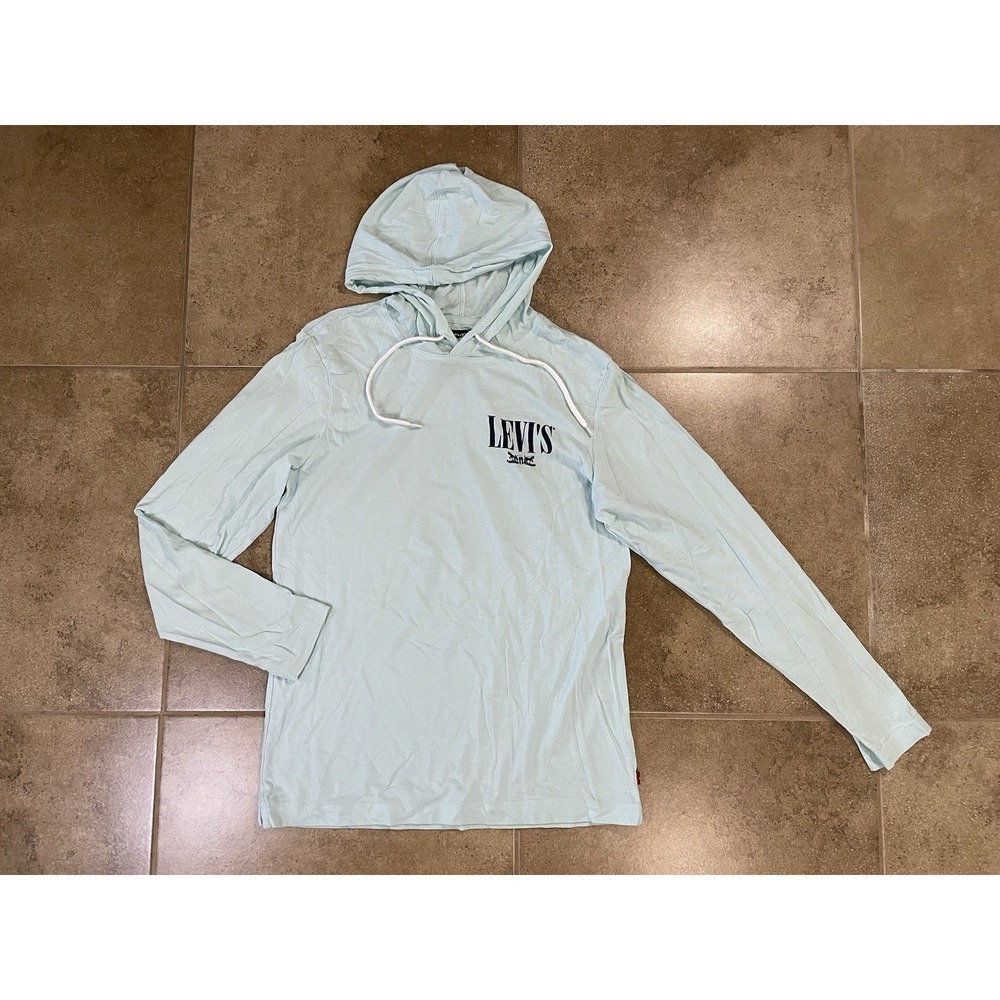 Levi's Mens Sz S Light Blue Pullover Hoodie Shirt Graphic Logo Drawstring